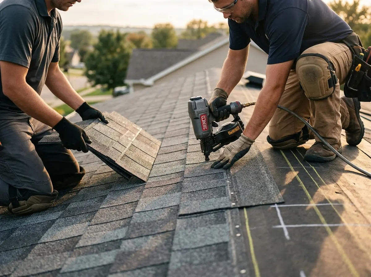 Professional roofer working on a residential roof in Willington